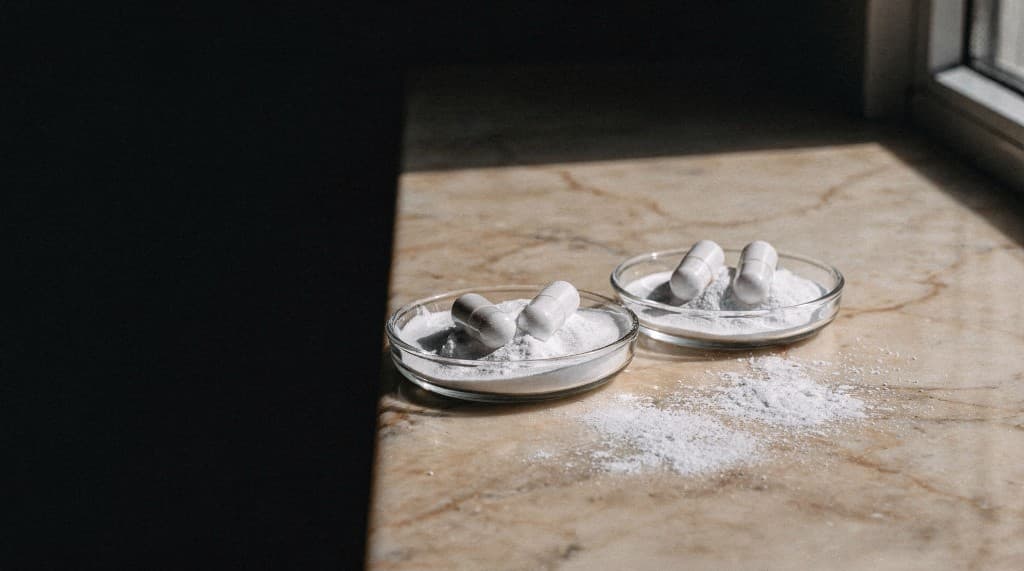 White magnesium capsules and powder in glass dishes on a marble windowsill in natural light